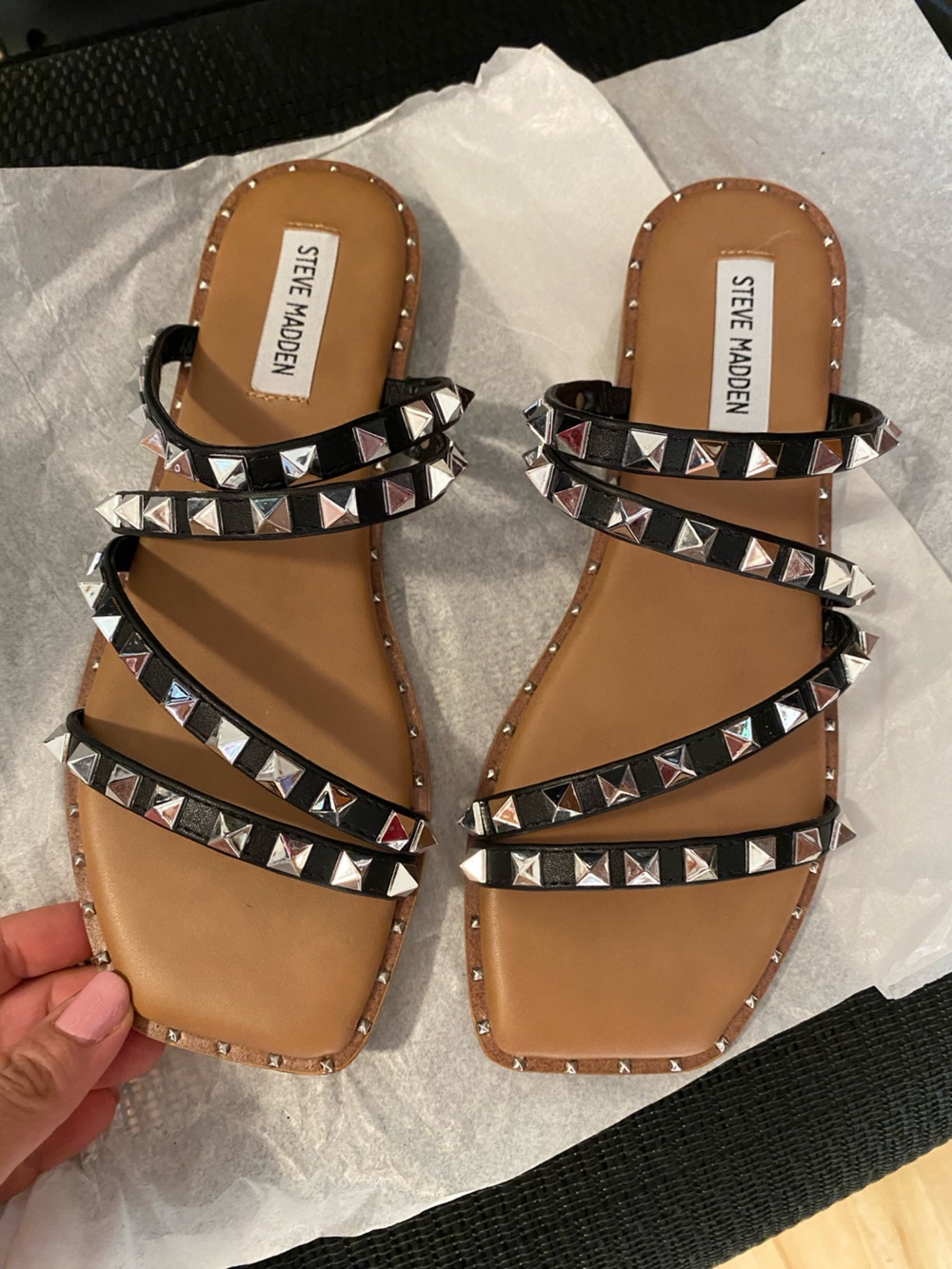 STEVE MADDEN Black Studded Flat Slide Sandals